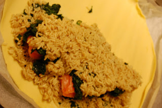 Layer spinach and rice on top